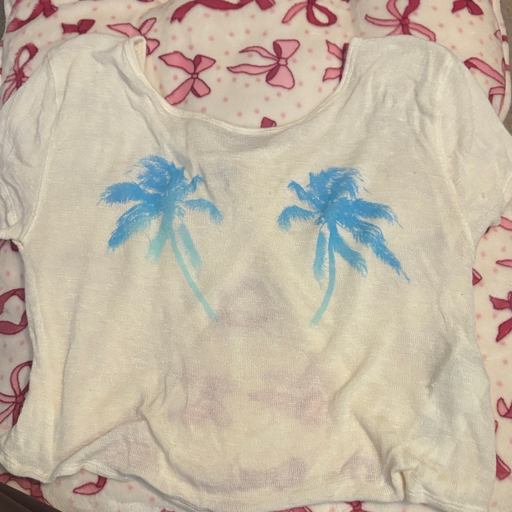 White Crop Top with Blue Palm Tree Print